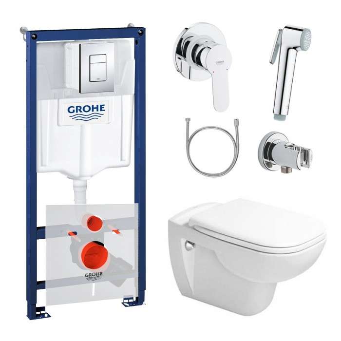Инсталляционная система Grohe Rapid SL + подвесной унитаз Duravit D - code с крышкой + набор гигиенического душа (3877A107) фото
